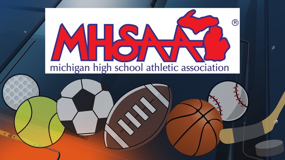 MHSAA Logo and some sporting equipment