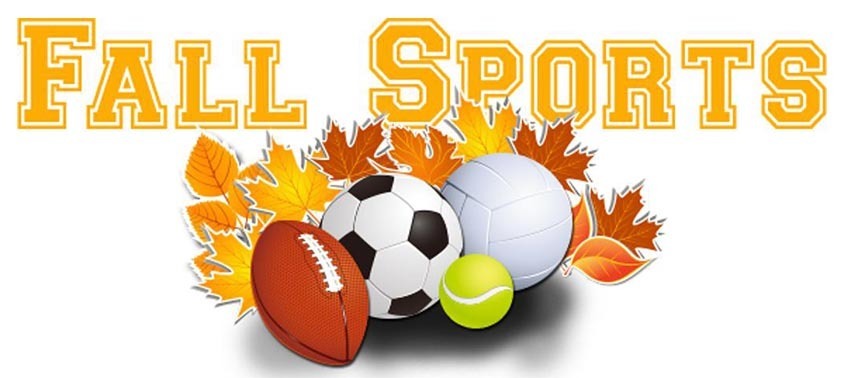 Fall Sports words with a volleyball, football, tennis ball, and a soccer ball