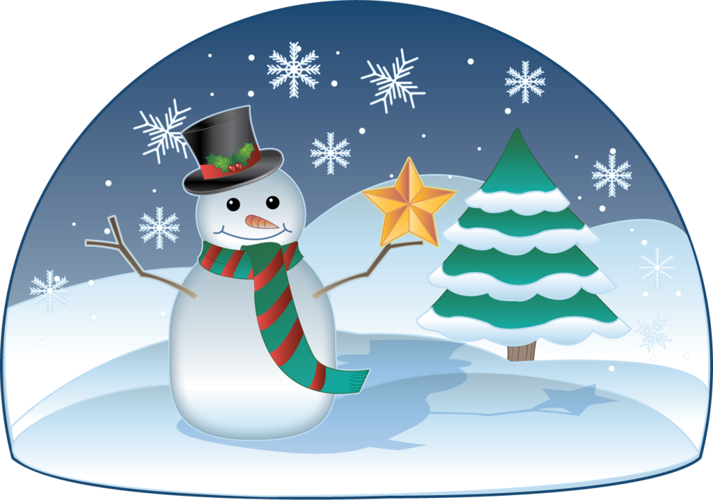 Snowman holding star by tree