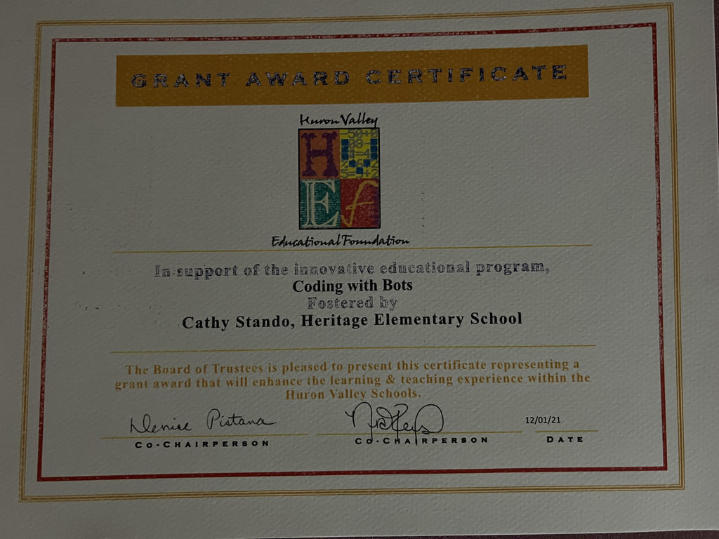 Grant Award Certificate to Cathy Stando