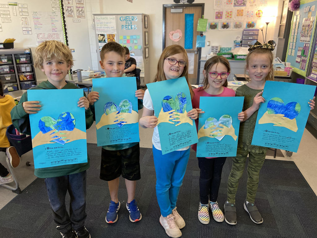 Second graders in Mrs. Lescoe’s class celebrated Earth Day by reading books taking care of our planet. Then they wrote how they can show love for the Earth to make these awesome projects. 