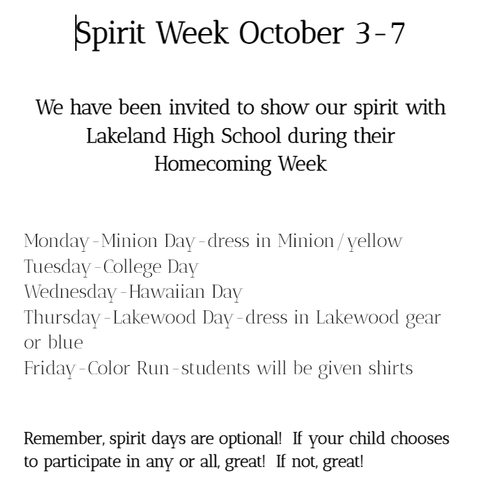 Oct. Spirit Week
