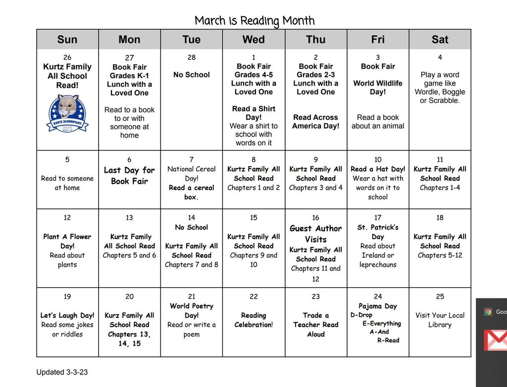 March is Reading Month Calendar