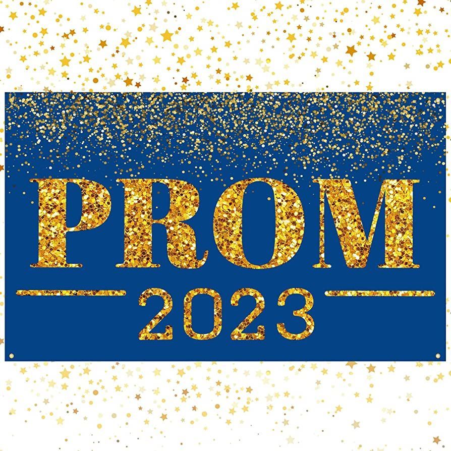 Prom on blue background with gold glitter